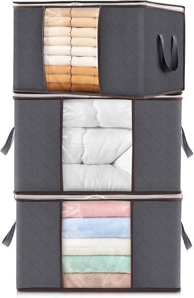 Lifewit 3 Pack Clothes Storage Bags 60L Foldable with Window Grey