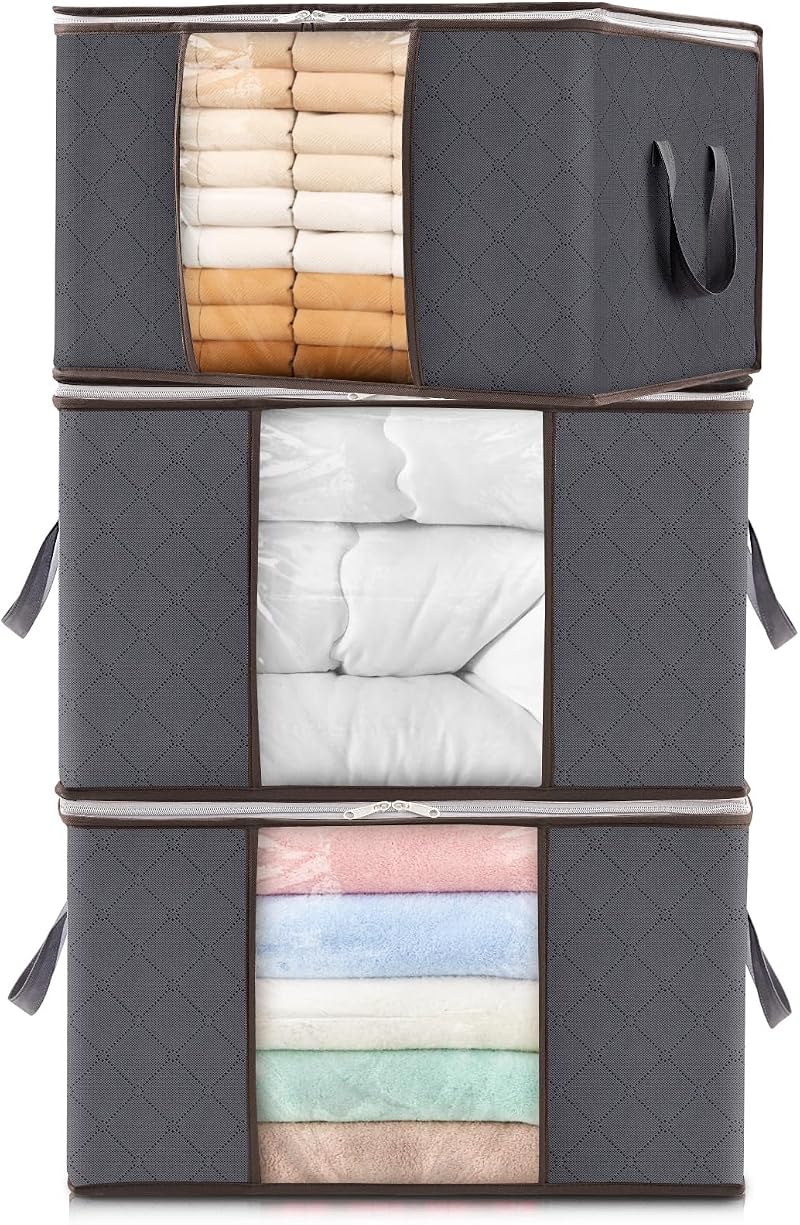 Lifewit 3 Pack Clothes Storage Bags 60L Foldable with Window Grey