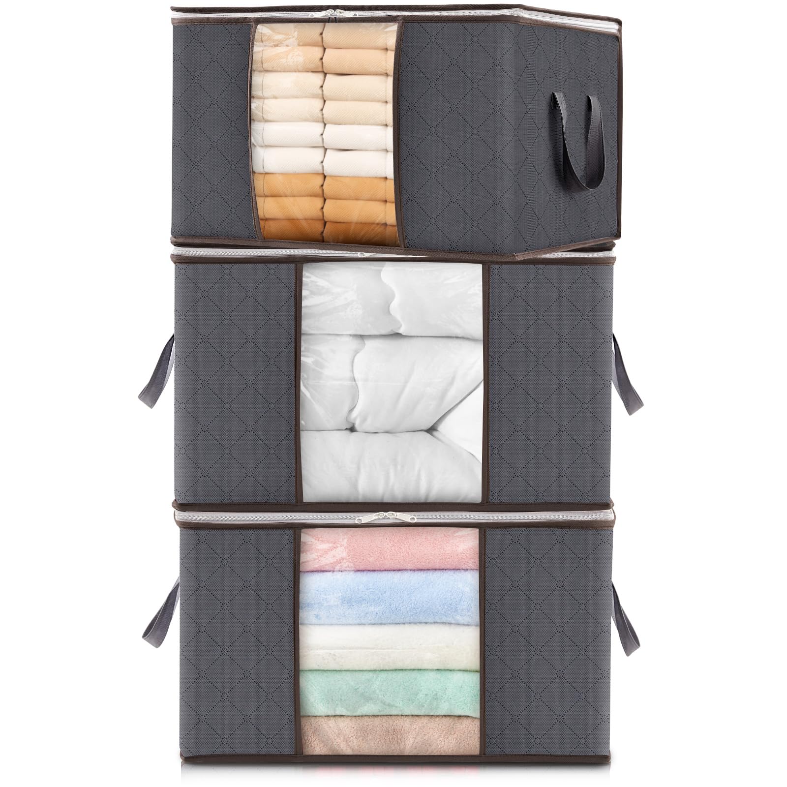 Photo 1 of Lifewit 3 Packs Clothes Storage Bag, Storage Bins for Clothes, Blankets, Comforters, Foldable Clothing Storage with Reinforced Handle, Sturdy Zipper, Closet Organizer With Clear Window, Gray