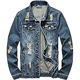 RANMCC Jean Jacket for Men Slim Fit Ripped Denim Jacket Coat