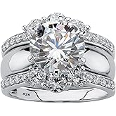 Platinum over Sterling Silver Round Cubic Zirconia 2 Pair Solitaire Jacket Bridal Ring Set