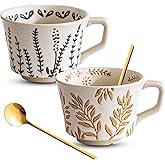 Caigmo Coffee Mugs, Coffee Cup Set of 2, Ceramic Mug Set 11 oz and Spoons for Home & Kitchen, Embossment Leave Novel Cups for Coffee Tea Cocoa Milk Latte, Microwave Dishwasher Safe