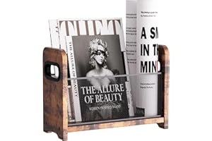 ASIFMTHOT Wood Magazine Holder & Rack - Retro Brown Mesh Storage Basket for Books, Newspapers, Files - Desk/Floor Organizer
