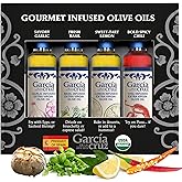Organic Flavored Extra Virgin Olive Oil Gift Set, Garlic, Basil, Hot Chili, Lemon Infused - Pack of 4 x 8.5 oz glass bottles