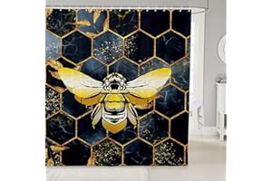 Feelyou Honey Bee Bathroom Waterproof Accessories with Hooks Geometric Honeycomb Marble Shower Curtain for Kids Boys Girls Wild Animals Leaves Fabric Shower Curtains Dark Golden Decor,72x72 Inches