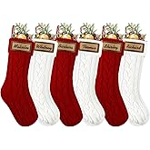 XOYTN 6 Pack Personalized Christmas Stockings, 18in Large Knitted Xmas Hanging Stocking Set Decoration with Leather Patches Custom Name for Holiday Christmas Family Decor (Red and White)