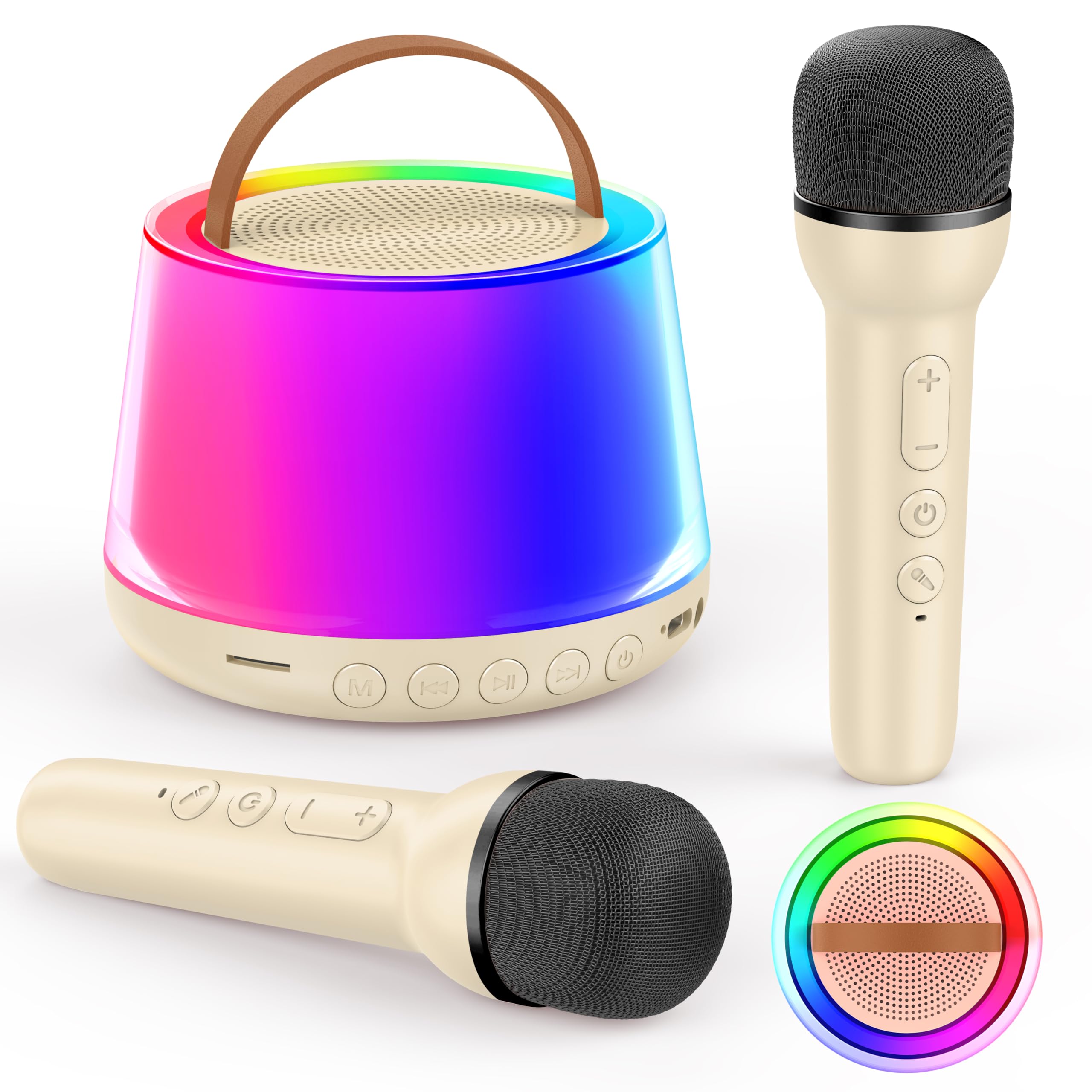 Photo 1 of Mini Karaoke Machine for Kids, Portable Bluetooth Speaker with 2 Wireless Microphones and Led Light, Birthday Gifts for 4 5 6 7 8 9 10 11 12 Year Old Girl, Kid Karaoke Machine Toys, Beige