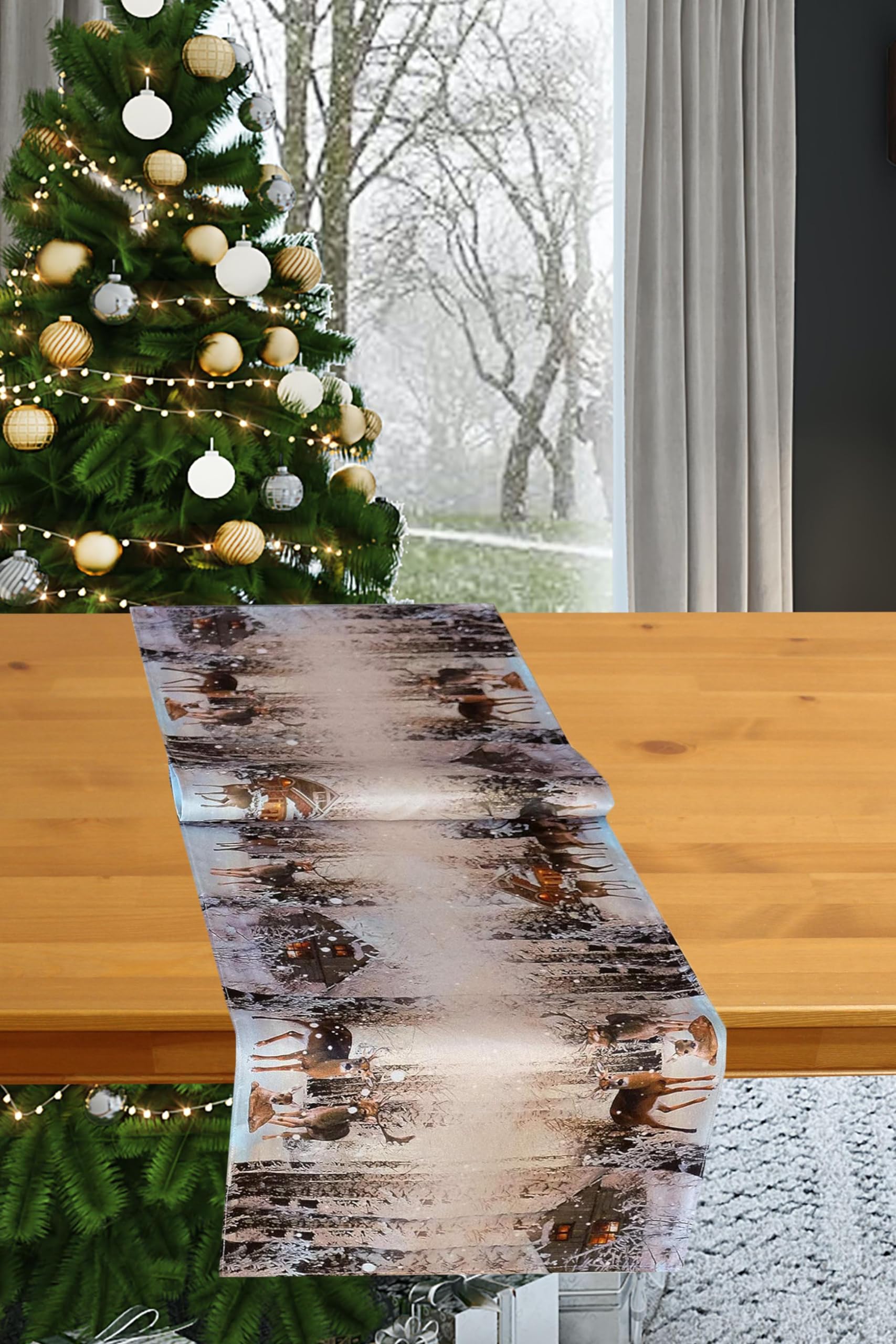 KAMACA Table Runner 40 x 90 cm with High-Quality Print Motif Kitchen Dining Table Eyecatcher Autumn Winter Christmas Deer Family in Winter Forest 40 x 90 cm