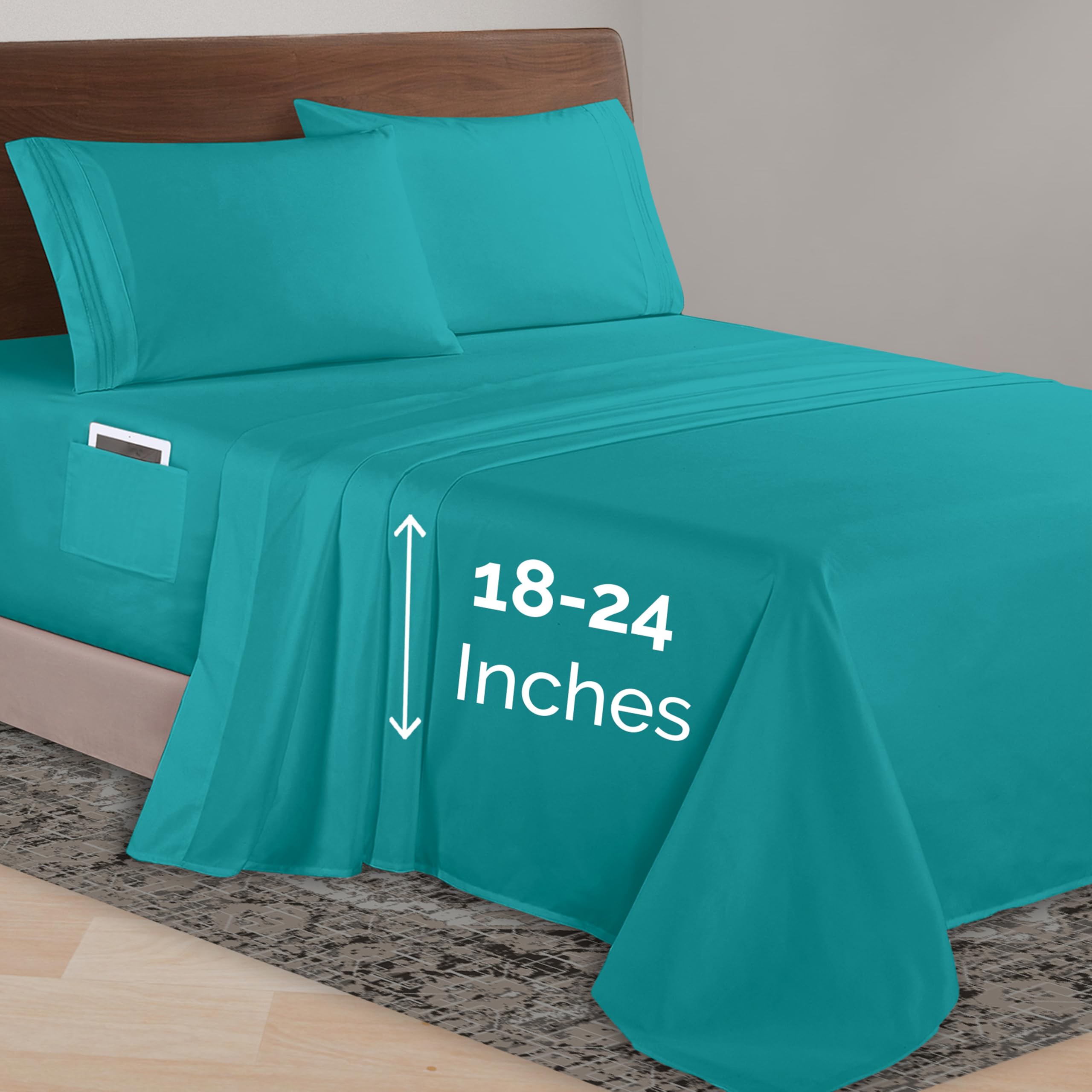 Elegant Comfort Luxurious 1500 Premium Hotel Quality Microfiber 4-Piece Sheet Set, 18-24 Inches Deep - Extra Deep Pocket Sheets - Ultra Soft 4PC Deep Pocket Sheets, Twin/Twin XL, Turquoise Image