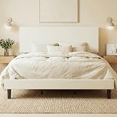 SHA CERLIN Velvet Upholstered King Size Bed Frame, Cream | Platform Bed with Adjustable Headboard, Wooden Slats Support, No Box Spring Needed, Noise-Free, Easy Assembly