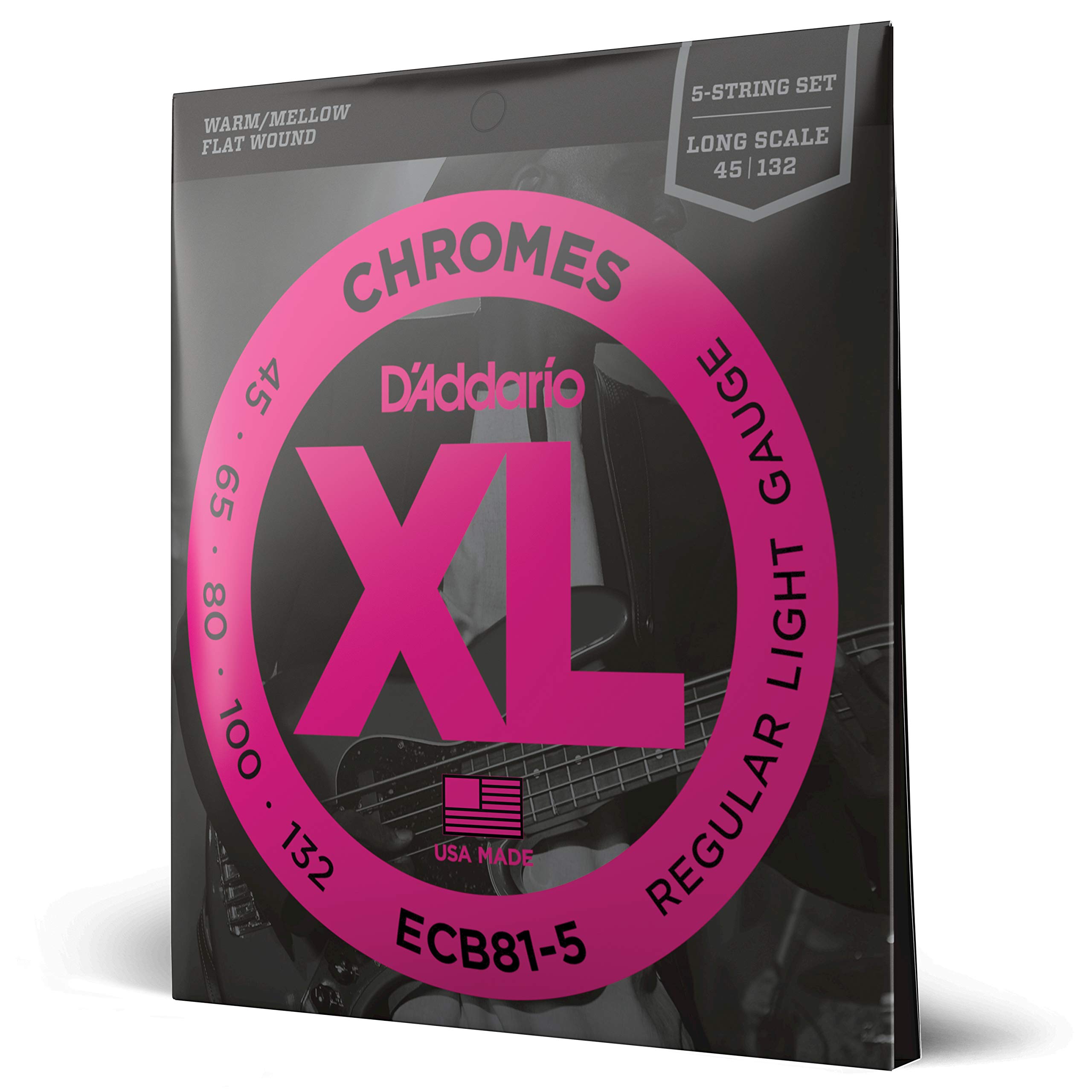 Photo 1 of D'Addario XL Chromes Flat Wound Bass Guitar Strings - ECB81-5 - 5 String - Long Scale - Regular Light, 45-132