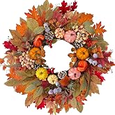 HipTree 24In Fall Wreath Pumpkin Maple Berry Front Door Thanksgiving Decor | Handcrafted Harvest Silk Farmhouse Decor, Pre-Assembled Pinecone Accents For Mantel Window Porch Wall Indoor Outdoor Holiday