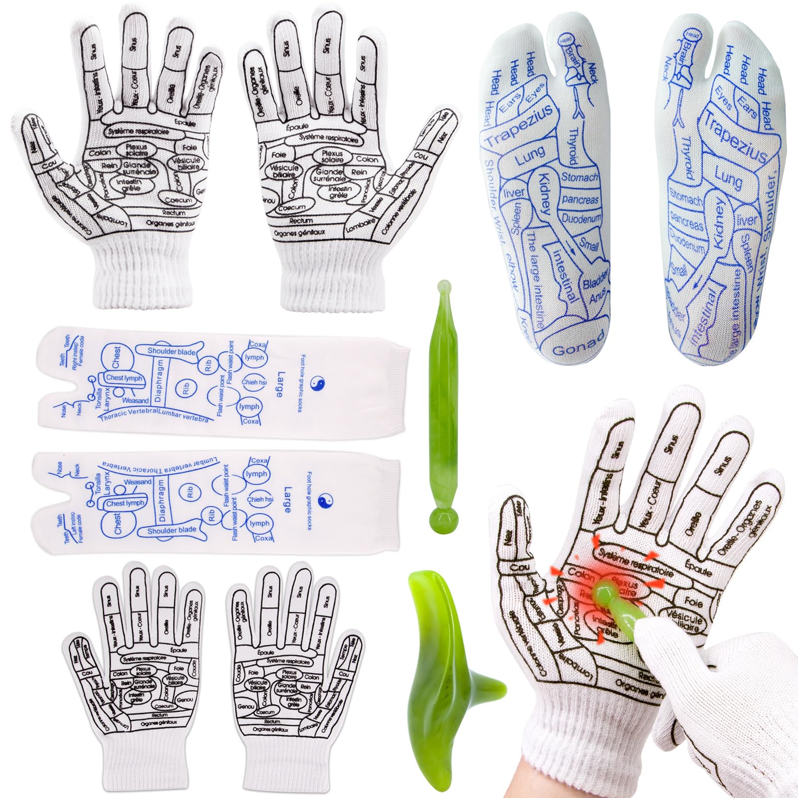 Reflexology Socks and Gloves Set Foot Reflexology Socks with Massage Tool Hand Foot Massage Reflexology Tools Acupressure Socks for Women Man Tired Relieve(L)