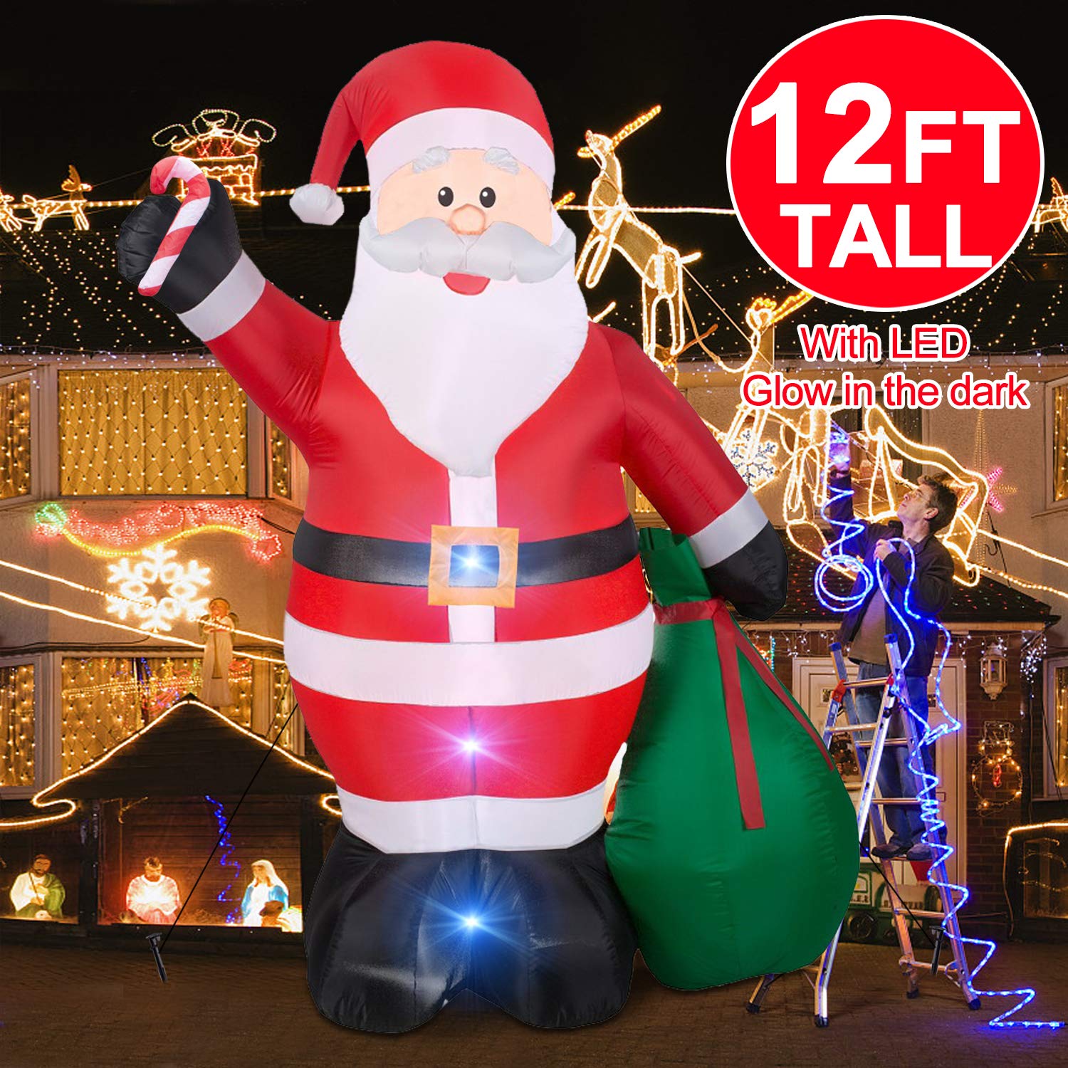 Christmas Inflatables Giant 12 Foot Inflatable Santa Claus With Gift Bag With Led Light For Christmas Yard Decoration Indoor Outdoor Yard Lawn Xmas Party Decoration Cute Fun Xmas Holiday Party Blow Up 12 Foot Inflatable Christmas Decorations