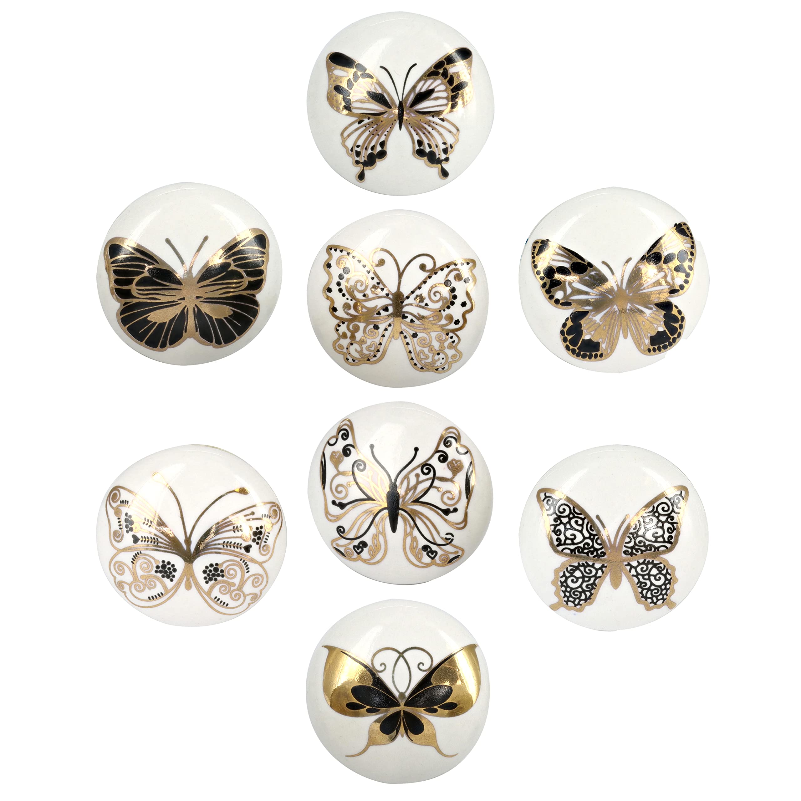 G Decor White and Gold Assorted Butterflies Designs Ceramic Door Knobs, Vintage, Shabby Chic, Interior Furniture, Cabinet Cupboard Drawers Pulls Handles (8-Pack)