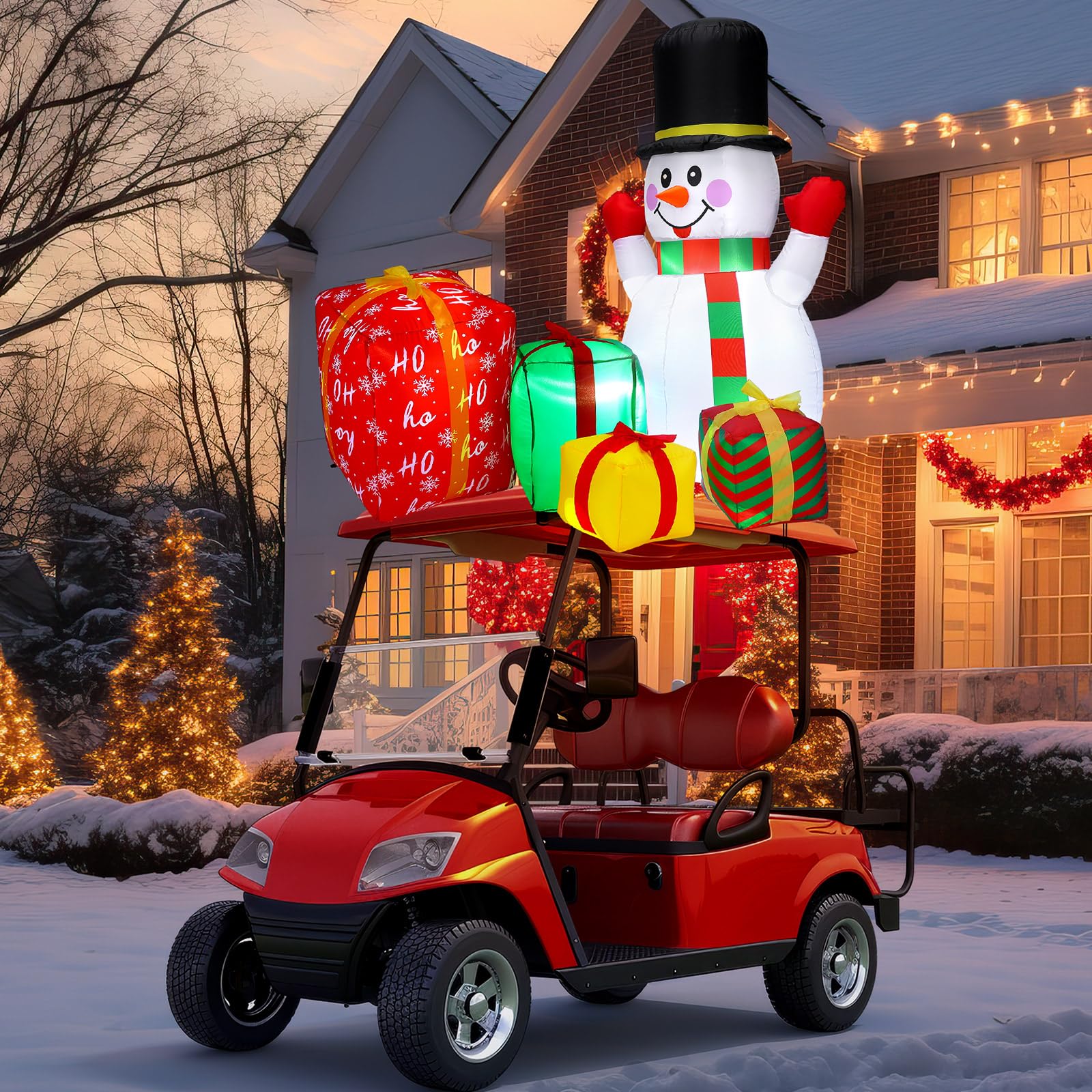 Photo 1 of JellyArch 5 x 4 ft Large Inflatable Christmas Golf Cart Decoration with LED Lights Outdoor Christmas Blow Up Snowman Gift Box Santa Hat for Car Decor Xmas Holiday Vehicle Accessories(Snowman)
