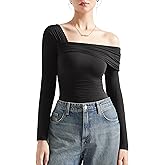 SUUKSESS Women One Off The Shoulder Trendy Casual Tops Ruched Long Sleeve Shirts