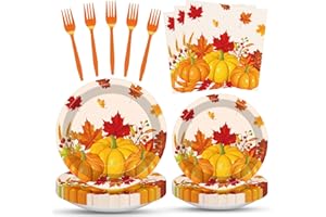 MERRIVA 100 Pcs Fall Pumpkin Maple Tableware Party Supplies Set, Serves 25 – Disposable Autumn Harvest Paper Plates, Napkins, and Forks, Thanksgiving Day Dinnerware for Friendsgiving Gatherings Decorations