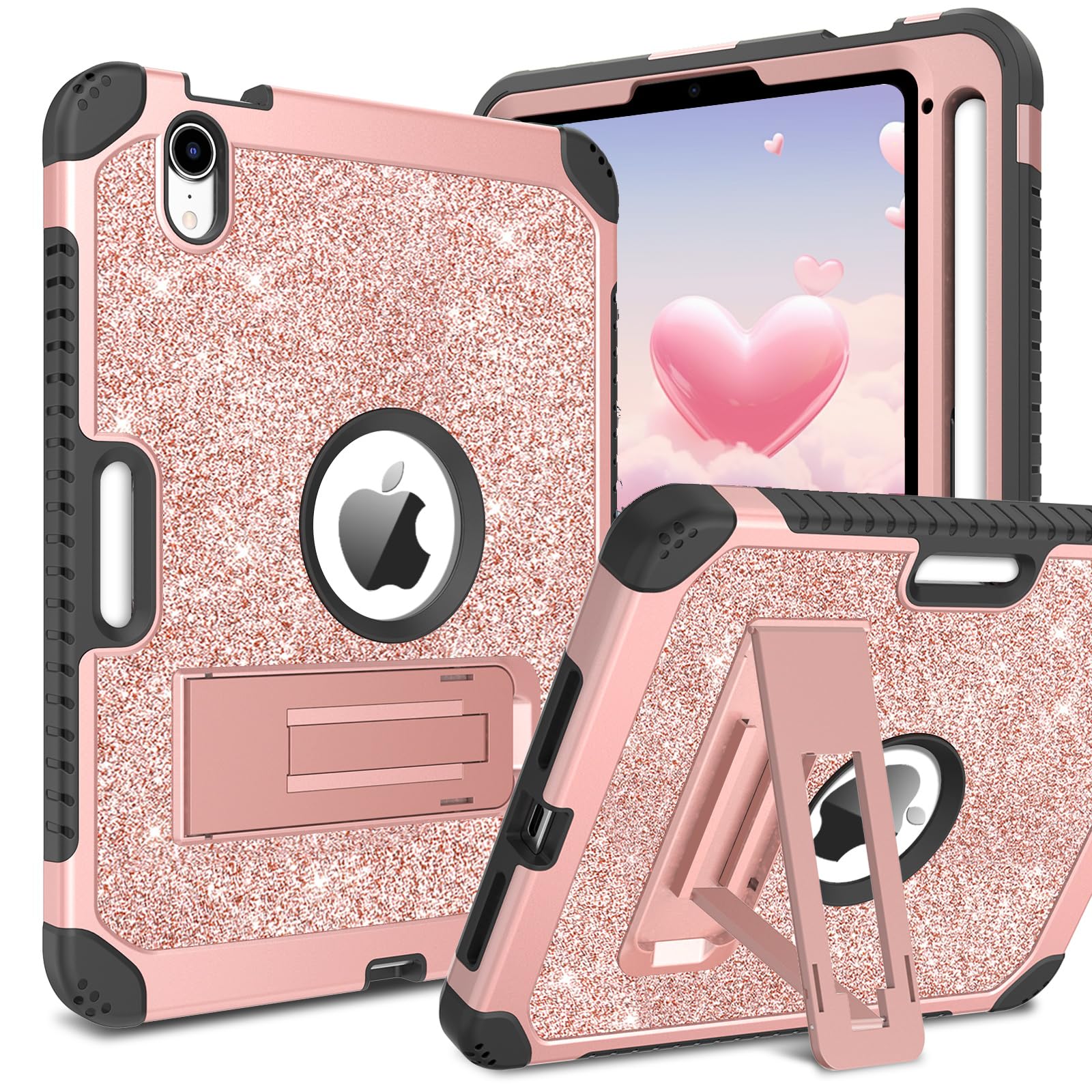 BENTOBEN Heavy Duty Case for iPad Mini 7 A17 Pro 2024, 7th/6th Generation - 3 in 1 Shockproof Rugged Protective Cover With Kickstand for Kids, Girly Glitter Design, Rose Gold