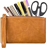 Calfinder Leather Pencil Pouch,Small Pen Pouch with Zipper,Handmade leather Pouch,Water Resistant,Leather Pouch for Makeup, Change, Coins, Perfect for Work/Office