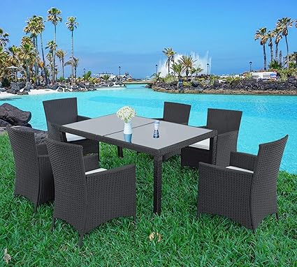 Lz Leisure Zone 7 Piece Patio Furniture Dining Set Outdoor Garden Wicker Rattan Dining Table Chairs Conversation Set With Cushions Black