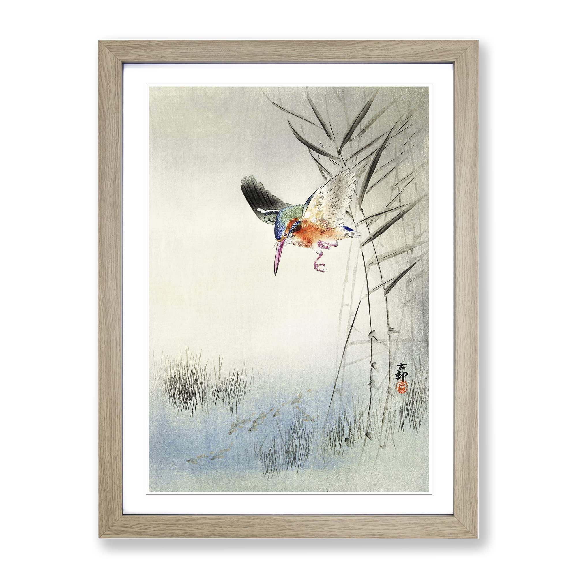 Hunting Kingfisher By Ohara Koson Asian Japanese Framed Wall Art Print, Ready to Hang Picture for Living Room Bedroom Home Office Décor, Oak A4 (34 x 25 cm)
