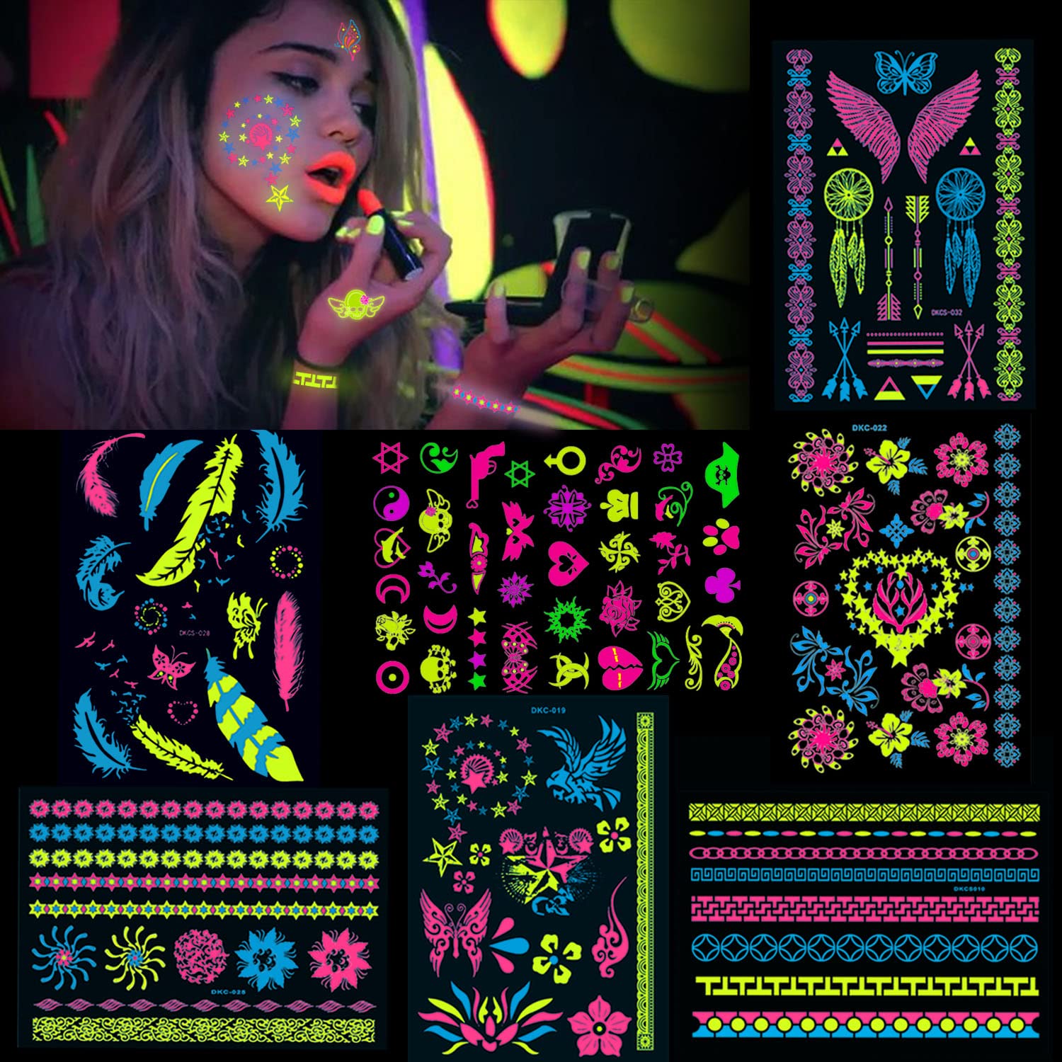 Konsait 7 Large Sheets Neon Temporary Tattoos, 100+ Shimmer Designs Glow UV Neon Body Face Skin Tattoo Jewellery Tattoos Flash Fake Waterproof Tattoo Stickers for Women Girls Body Art