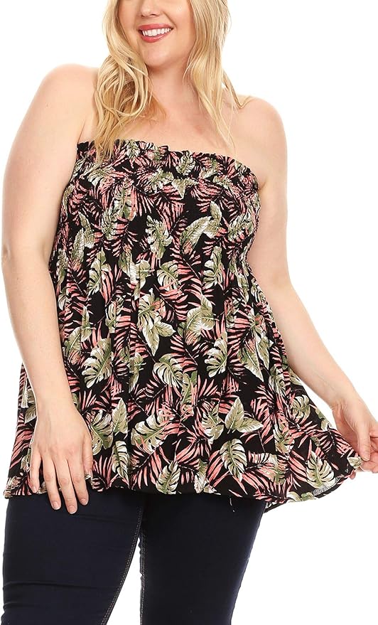 Women's Junior Plus Size Length Leafy Print Shirred Tunic Tube Top