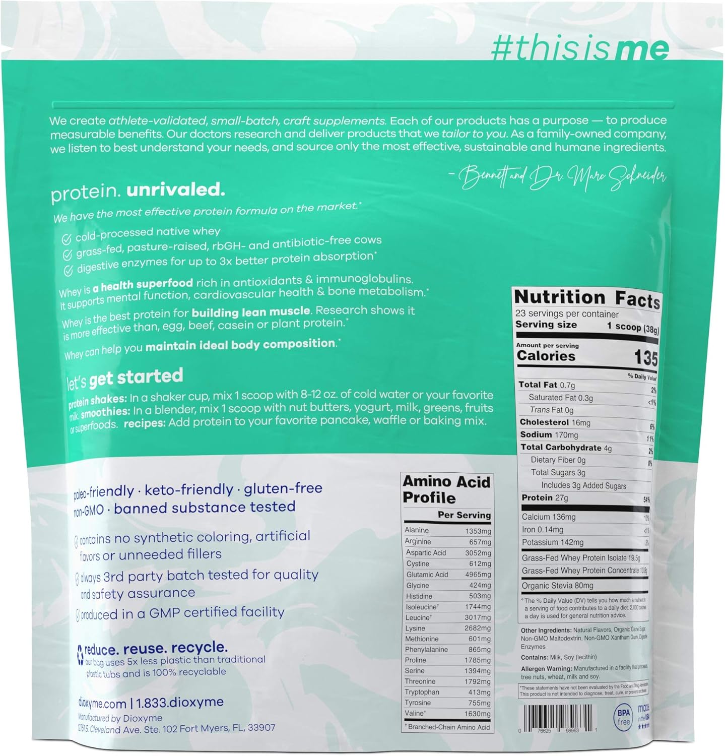 Dioxyme Grass Fed Ultra Whey Protein Powder - Whey Isolate and Concentrate Protein Blend – 27gm Protein/Serv - Sustained Muscle Repair - 4.2lb - (Chocolate): Health & Personal Care