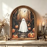 DAZONGE Halloween Wood Framed Arch Sign, Haunted Halloween Ghost Decor | Moody Ghost in Spooky Forest Country Cottage Halloween Decorations Indoor, Vintage Tabletop Shelf Fall Decor