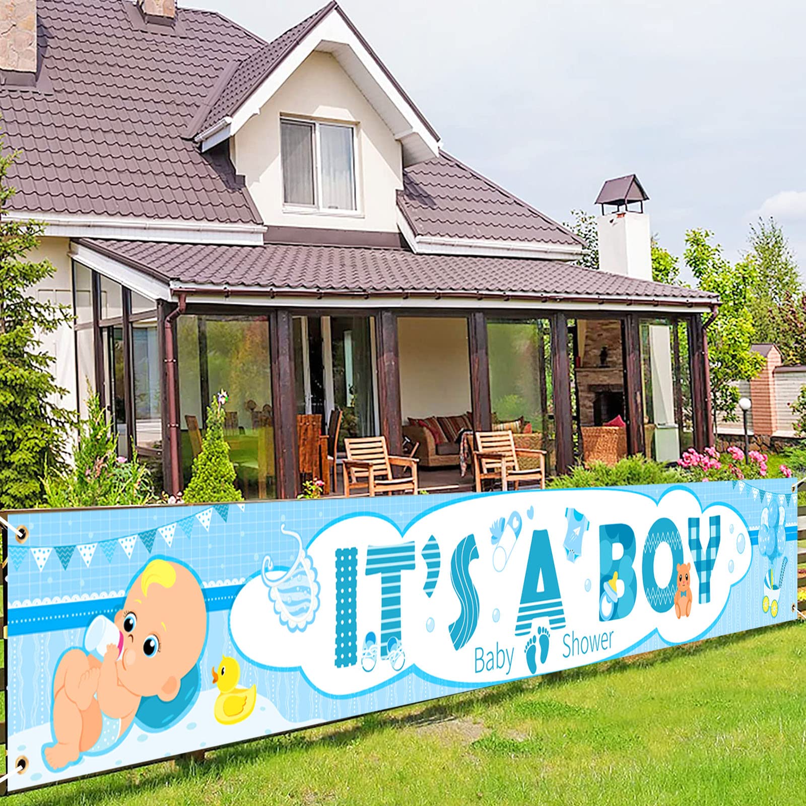 DPKOW Long It's a Boy Banner for Boy Baby Shower Decoration, Fabric Banner for Gender Reveal Decoration, Blue Baby Shower Banner for Indoor Outdoor Decoration, Room Wall Table Decoration, 270 * 35cm