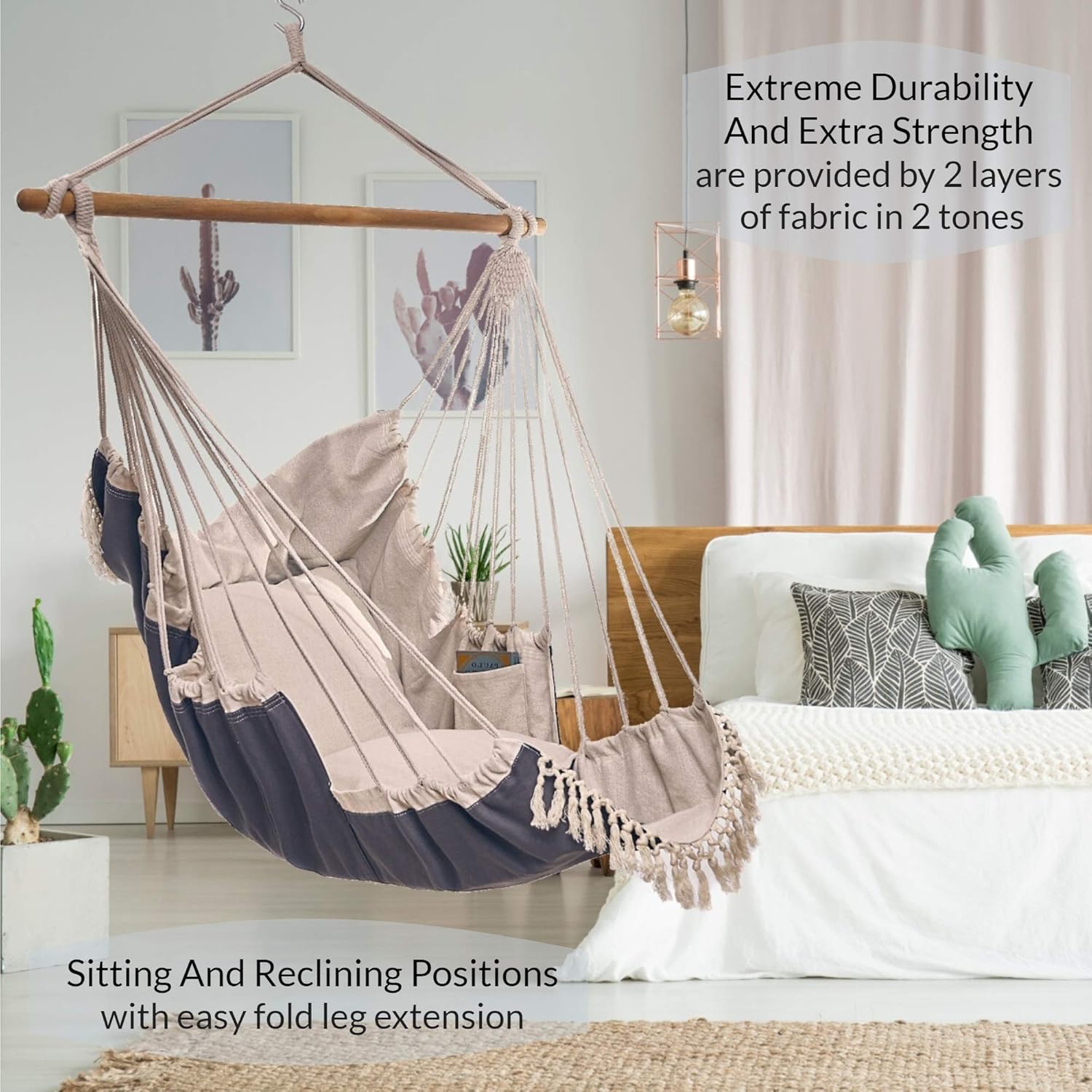 Bdecoru Hanging Hammock Chair Large Swing Chair | Sitting and Reclining Positions | 2-Layer Fabric for Extreme Durability | 2-Tone Beige and Gray Plus 2 Cushions and Side Pocket | Indoor/Outdoor Use: Furniture & Decor