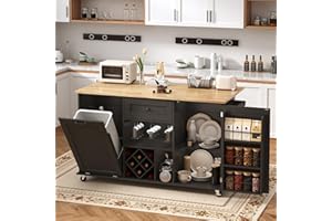 Squireewo 59 Inch Kitchen Island on Wheels, Rolling Kitchen Island with Power Outlet & Drop Leaf, Mobile Rolling Cart with Trash Storage Cabinet, Towel Rack, Wine Rack, Black