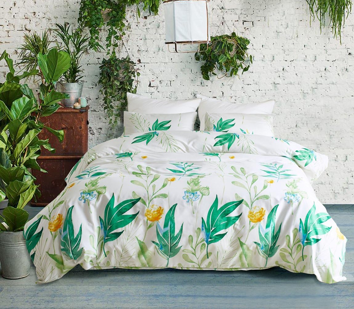HYPREST Leaf Duvet Cover Set King Lightweight Soft White Green 3PC Comforter Cover Set Hotel Quality with Forest Design (King)