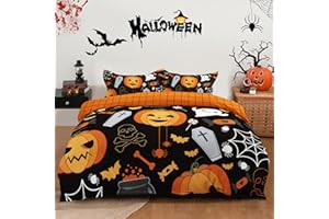 XRUIBED Halloween Duvet Cover Queen Size, Skull Pumpkin Black Bedding Set Holiday Decor Reversible Comforter Cover Set with Pillowcases 3PCs for Kids Teens (Queen 90"x90")