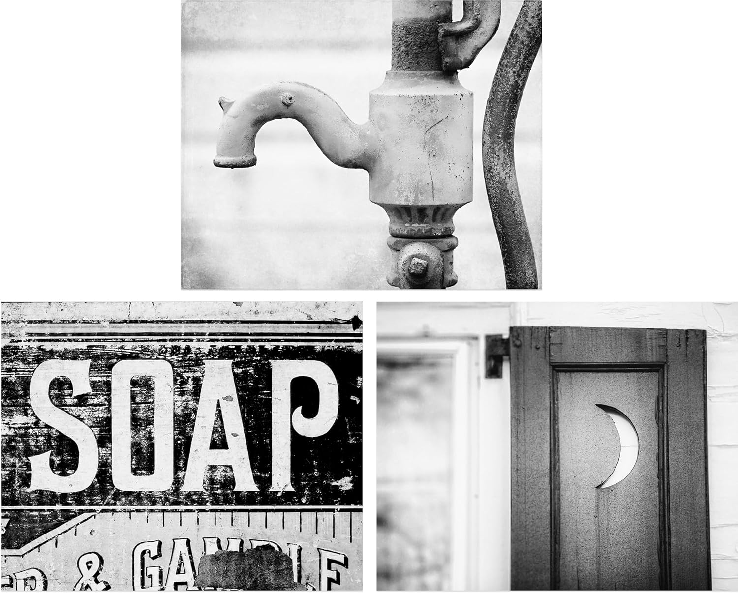 Photographs - LISA RUSSO FINE ART - Black and White Bathroom Wall Art Set of 3 5x7” Unframed Prints - Rustic Farmhouse Soap, Outhouse Moon, Water Pump for Bath or Powder Room Wall Decor