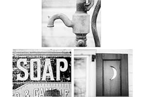 LISA RUSSO FINE ART - Black and White Bathroom Wall Art Set of 3 8x10” Unframed Prints - Rustic Farmhouse Soap, Outhouse Moon, Water Pump for Bath or Powder Room Wall Decor