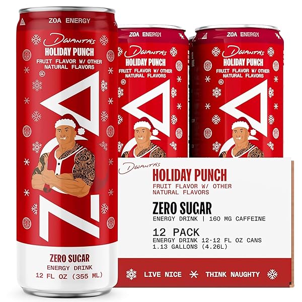 ZOA ENERGY SUGAR FREE ENERGY DRINKS WITH ELECTROLYTES FOR HYDRATION, DWANTA’S HOLIDAY PUNCH, 12 PACK, 12 FL OZ CANS