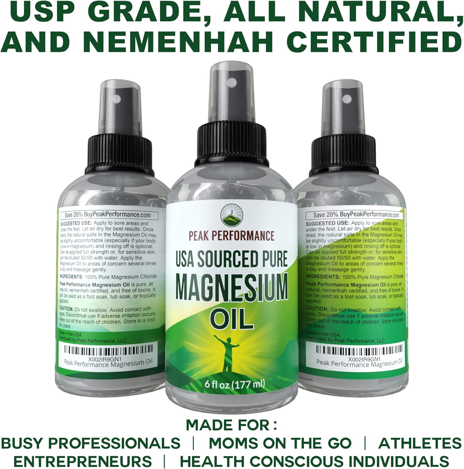 Pure Magnesium Oil Spray by Peak Performance. USA Sourced, USP Grade, Nemenhah Certified, Transdermal Magnesium Chloride Supplement for Topical Skin, Leg Cramps, Muscles Aches, Pain, Foot Tub Soak: Health & Personal Care