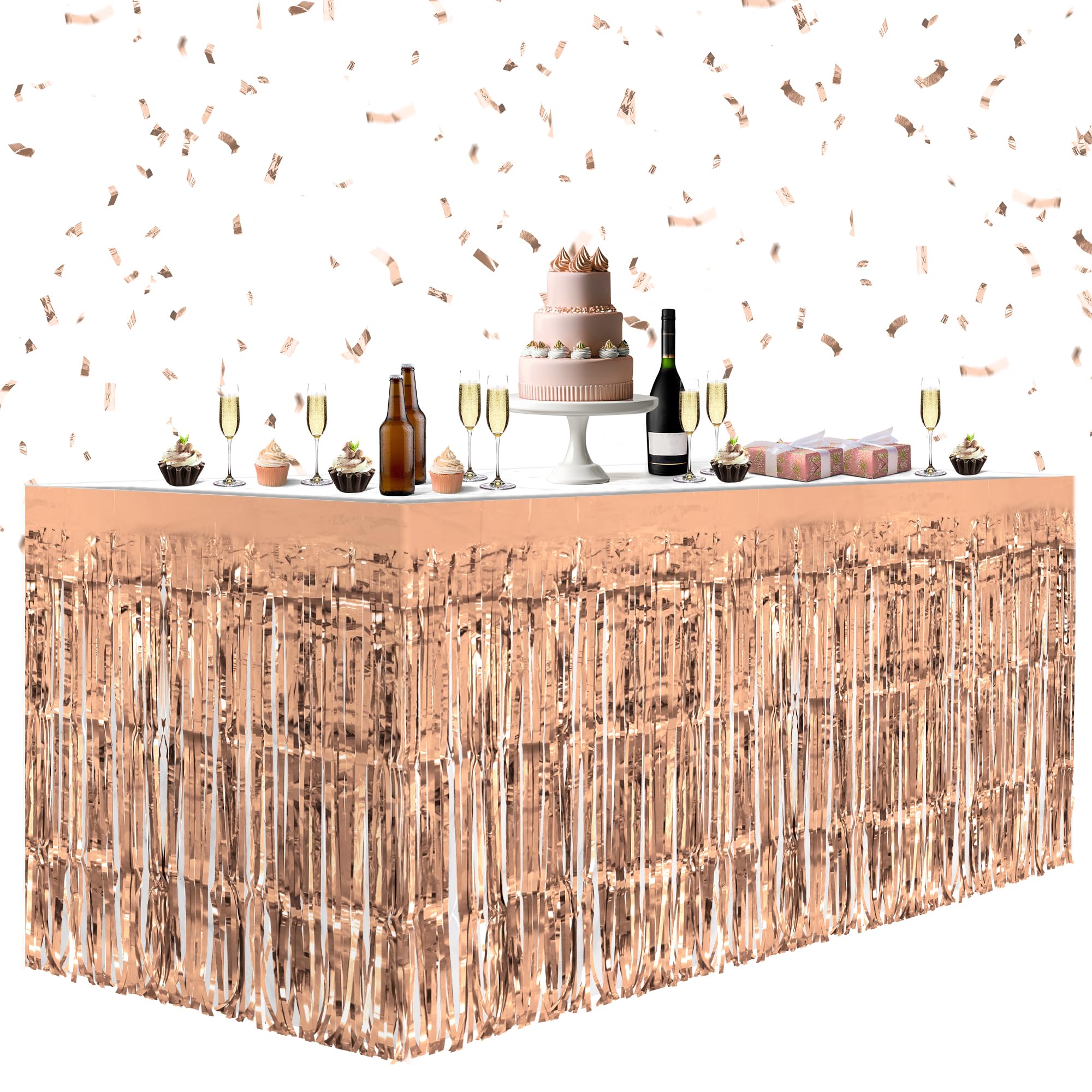 2 Pack Rose Gold Table Skirts, 29x108" Metallic Foil Tinsel Fringe Table Skirts for Rectangle Tables Streamer Curtains Backdrop, Party Decorations for Birthdays Weddings Holidays