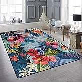 Amorettise Tropical Floral Area Rug 5' x 7' Blue Hawaiian Pattern Plants Rugs Carpet Non Slip Tropical Palm Leaf Rug for Livi