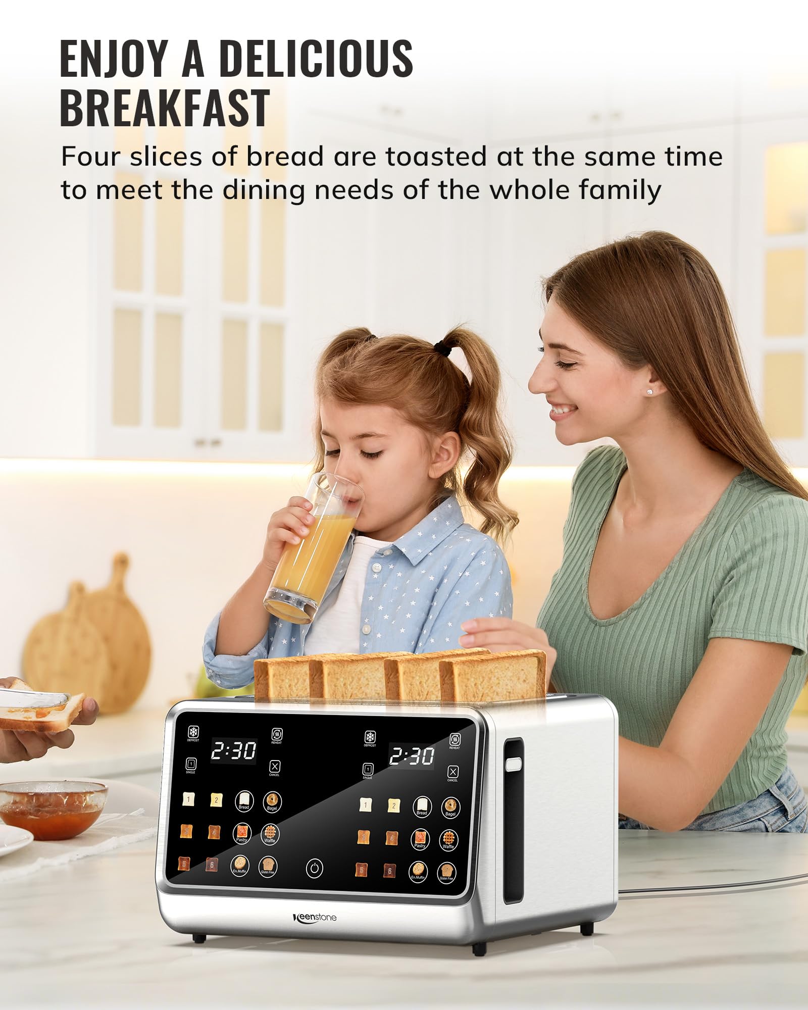 Tostadora Keenstone de 4 rebanadas, tostadora digital inteligente con pantalla táctil, panel de control dual, tostado de una sola ranura, temporizador, recalentar y descongelar para bagels, pan, gofres, elementos esenciales de cocina de acero inoxidable