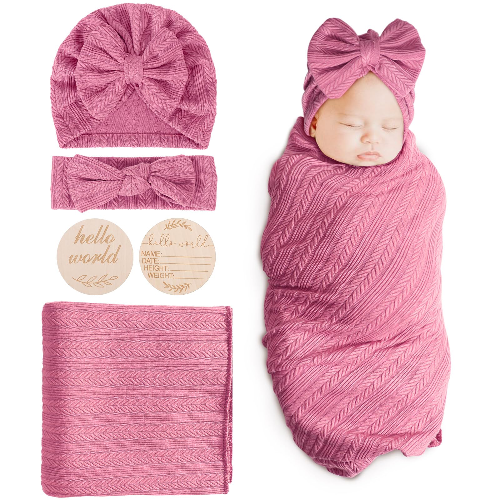 Photo 1 of DRESHOW BQUBO Baby Swaddle Blankets for Girls, 4PCS Newborn Accessories Set with Matching Hat and Bow Headband with Hello World Wooden Birth Announcement Card