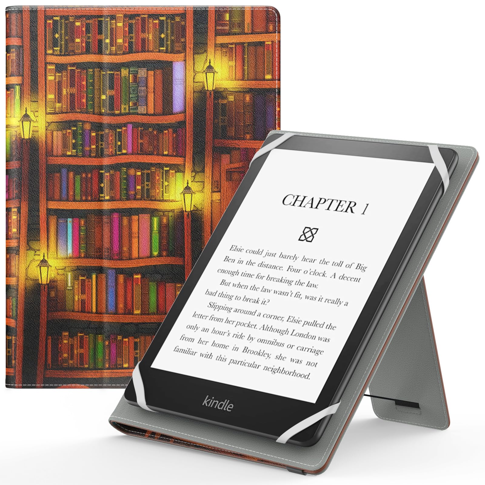 MoKo Universal Case for 6",7" Kindle eReaders Fire Tablet, PU Leather Folio Shell Cover Case, with Hand Strap/Kickstand, Retro Library — image 1