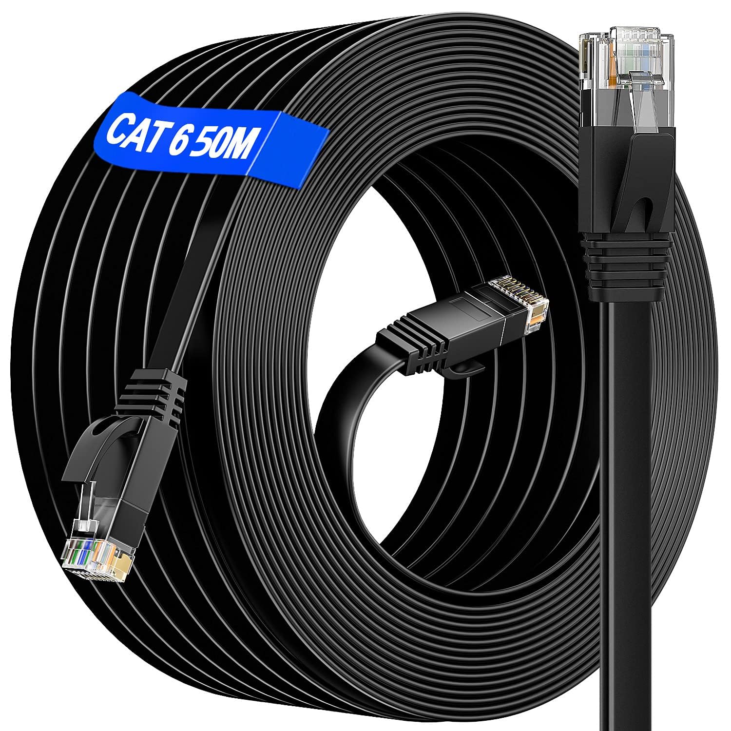Ethernet Cable 50m Outdoor & Indoor, Long Ethernet Internet Cable 50m High Speed, Cat 6 LAN Cable 50 meter Flat Anti-Interference, For Home/Router/Switch(50 Clips) - Faster Than Cat5/Cat 5E/False Cat7