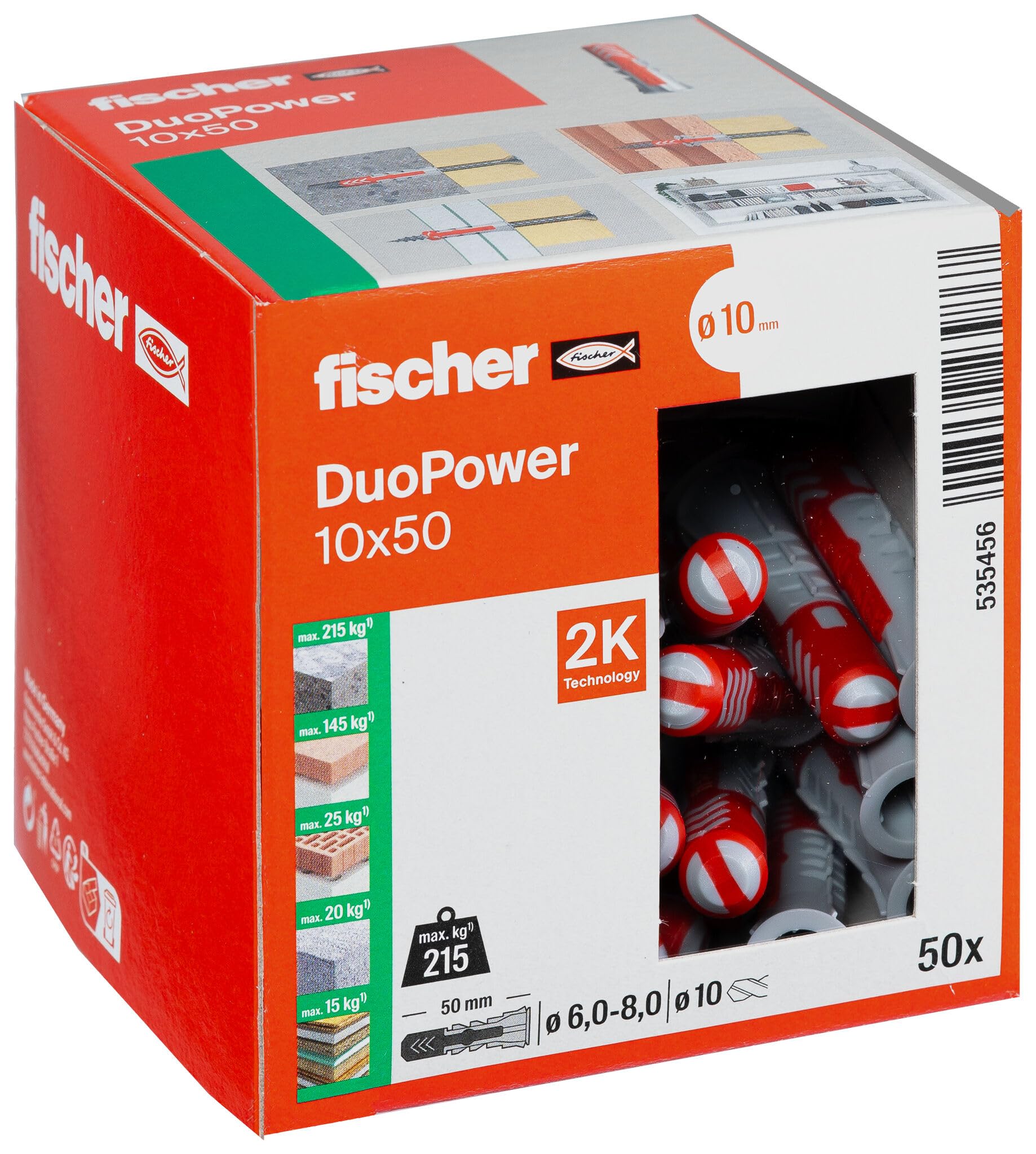 fischer DuoPower 10 x 50, Universaldübel, leistungsstarker 2-Komponenten-Dübel, Kunststoffdübel zur Befestigung in Beton, Ziegeln, Stein, Gipskarton uvm., ohne Schrauben, 50 Stück