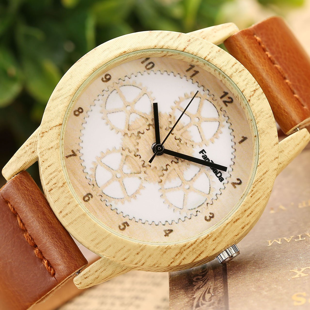 JSDDE Uhren,Vintage Holz-Muster Zahnrad Armbanduhr Damenuhr Kleid Uhr PU Lederarmband Analog Quarzuhr,Braun