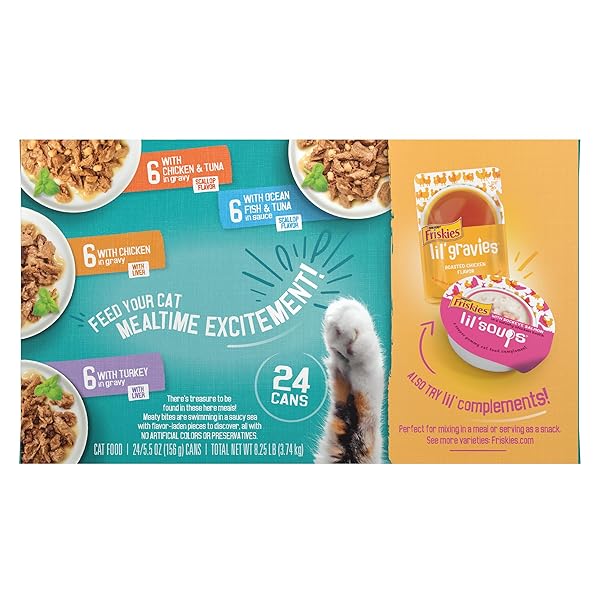PURINA FRISKIES WET CAT FOOD VARIETY PACK, TASTY TREASURES PRIME FILETS (WITH CHICKEN AND TUNA, WITH CHICKEN, AND WITH OCEAN FISH AND TUNA, AND WITH TURKEY) – (PACK OF 24) 5.5 OZ. CANS
