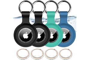 HITFINE 4 Pack,IPX8 Waterproof Airtag Holder for Apple Air Tags with Air Tag Keychain,Shockproof GPS Cases [Anti-Scratch] [PC+Silicone] Air-Tag Item Finders Cover,Lovely Air Tags Cover,Black/Black/Green/Blue