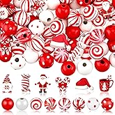 FairySandy 200 Pcs Red and White Christmas Wood Beads Santa Claus Candy Cane Peppermint Round Loose Spacer Craft Wooden Beads for DIY Bracelet Necklace Earring Jewelry Making Home Decor